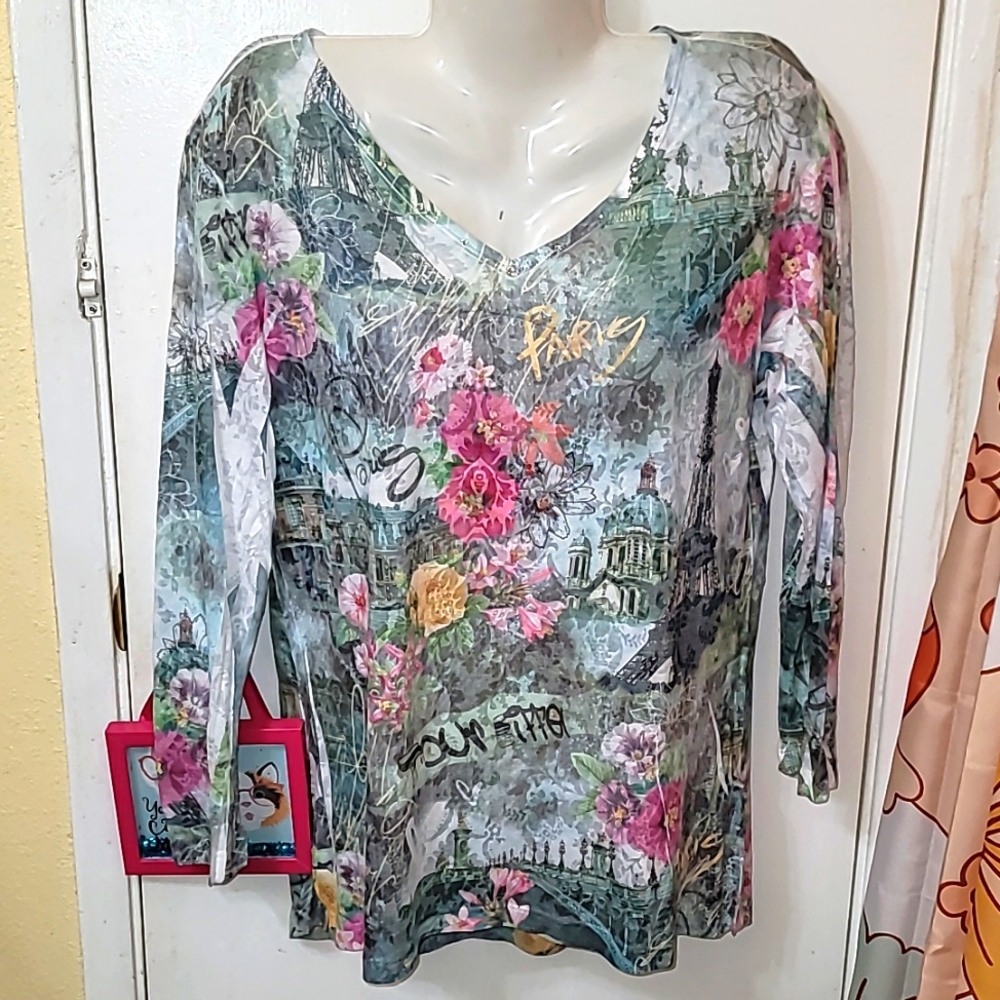 Katina Marie long sleeve top Paris print Floral romantic new Boho Fairy
